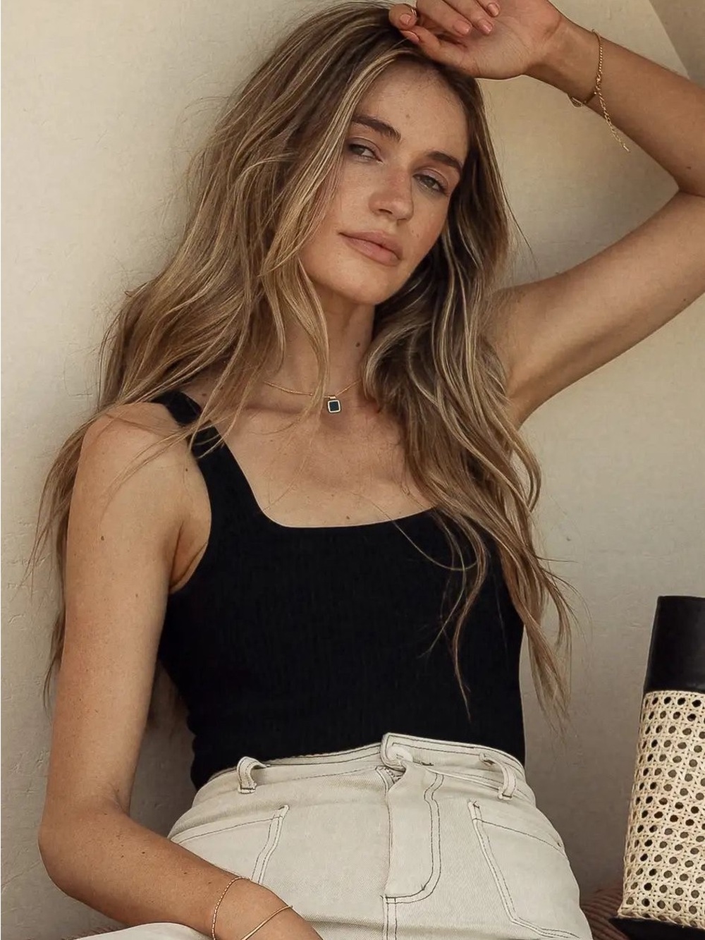 debut Black Ribbed Square-Neck Tank Top